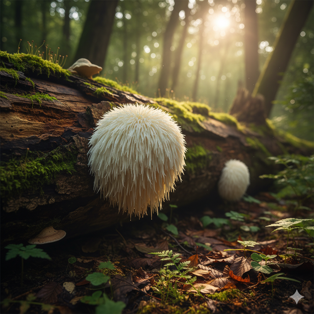 Lion’s Mane (Hericium erinaceus) fruiting body with cascading white spines.