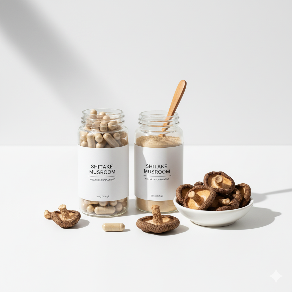 Shiitake powder and capsules on a clean background for wellness use.