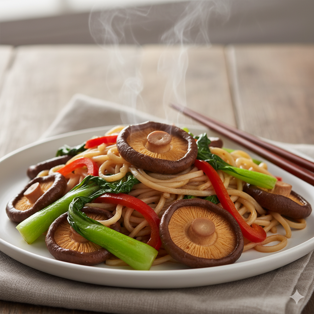 Sautéed shiitake mushroom dish showing meaty texture and glossy glaze.