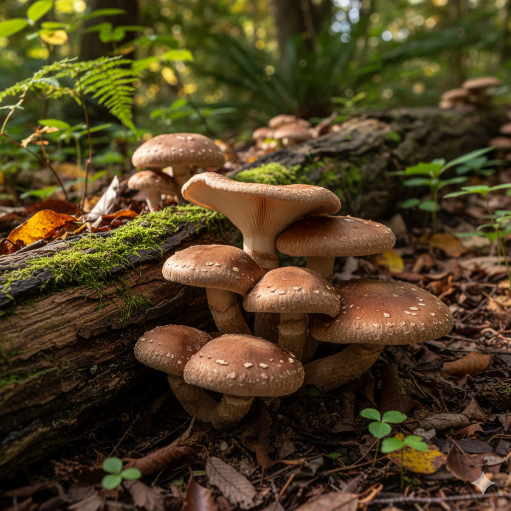 Shiitake (Lentinula edodes) growing on hardwood logs in a shaded forest.
