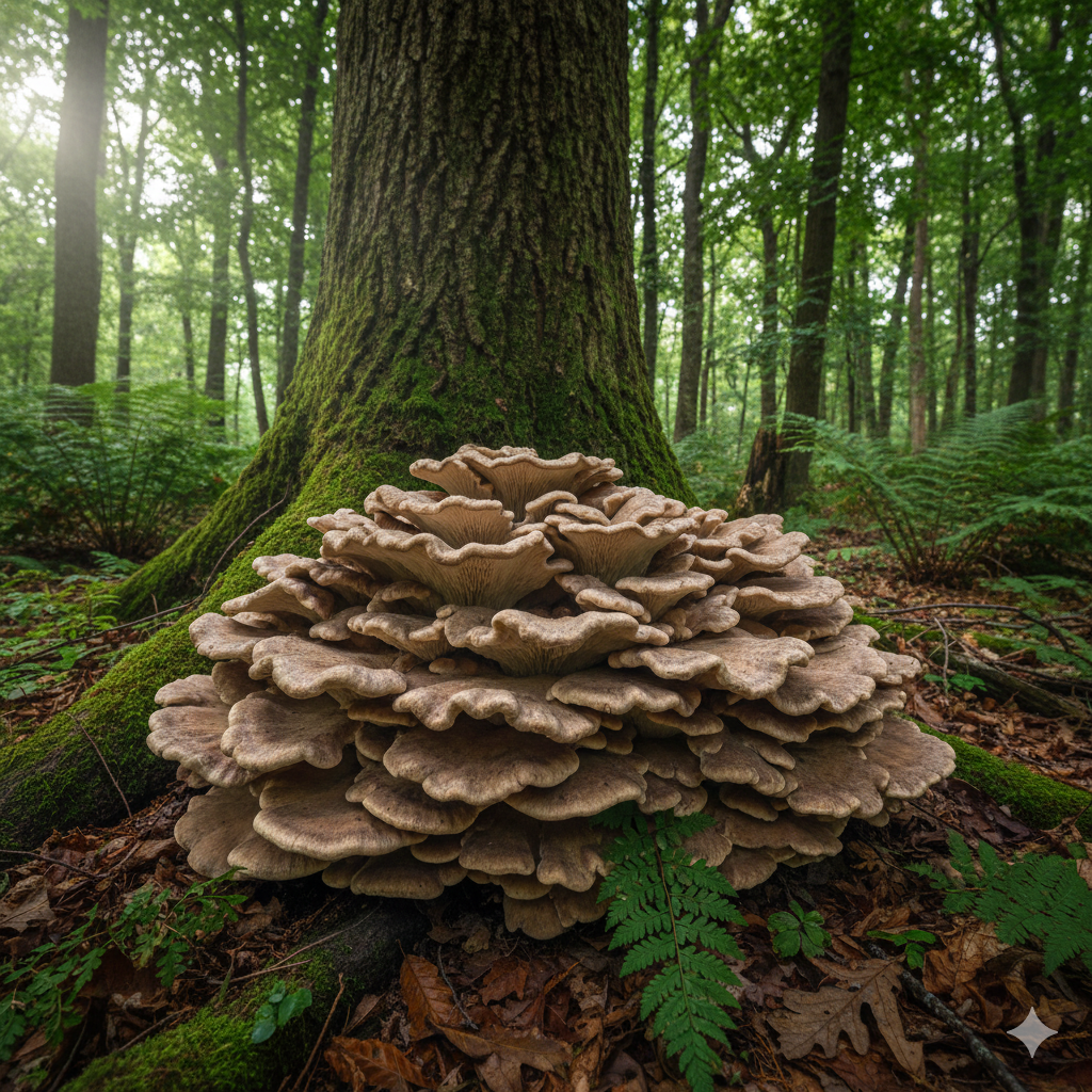 Maitake (Grifola frondosa) growing in layered rosettes on hardwood.