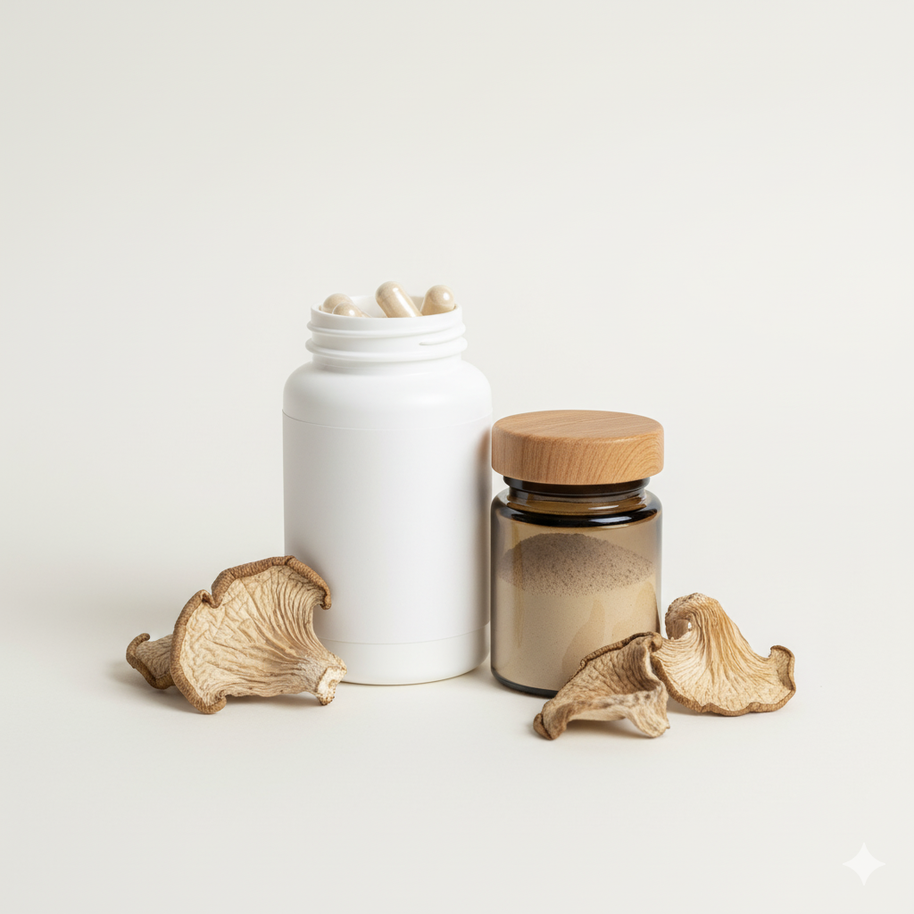 Oyster mushroom (Pleurotus ostreatus) capsules and powder on a bright background.