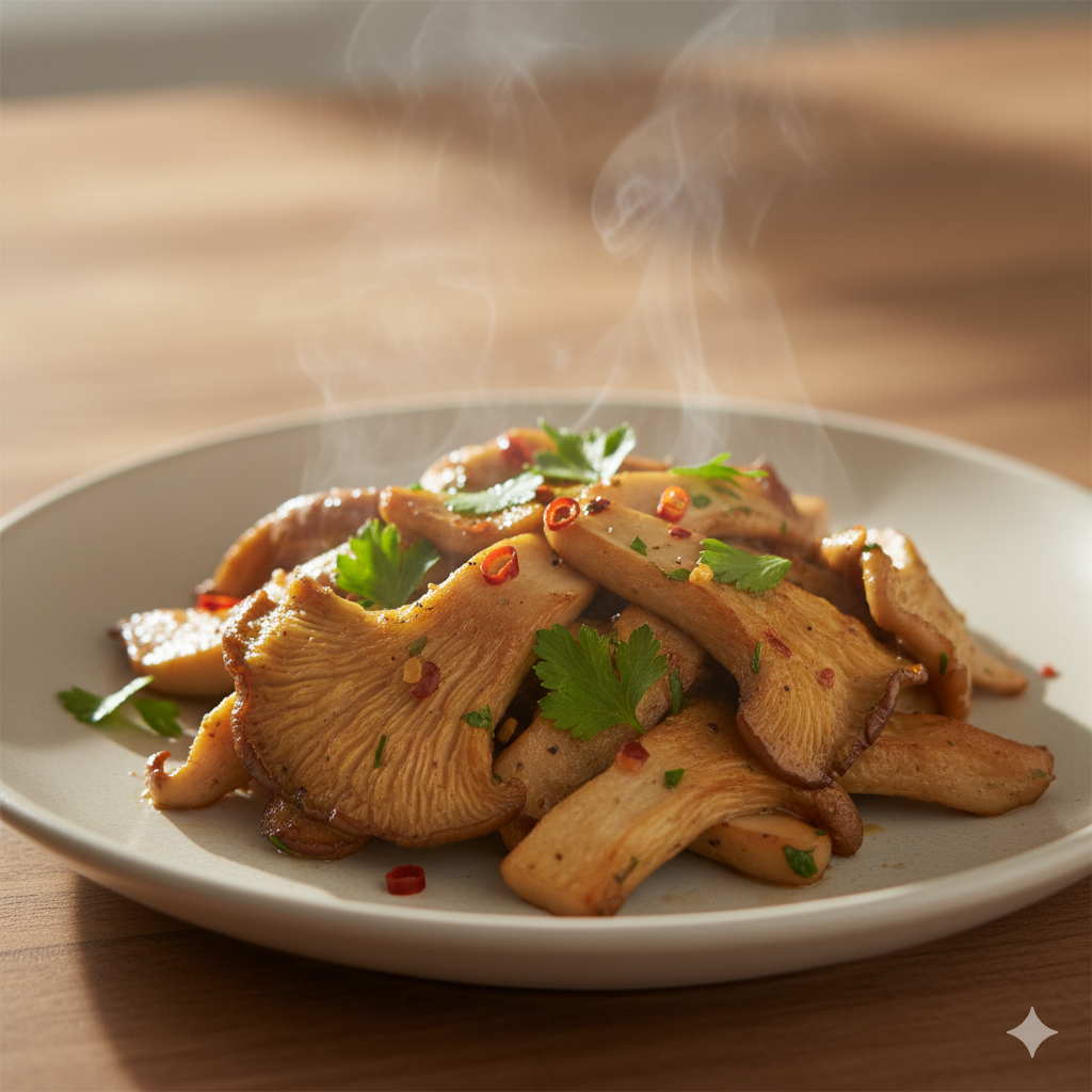 Steaming dish with Oyster mushrooms (Pleurotus ostreatus) showing visible texture.