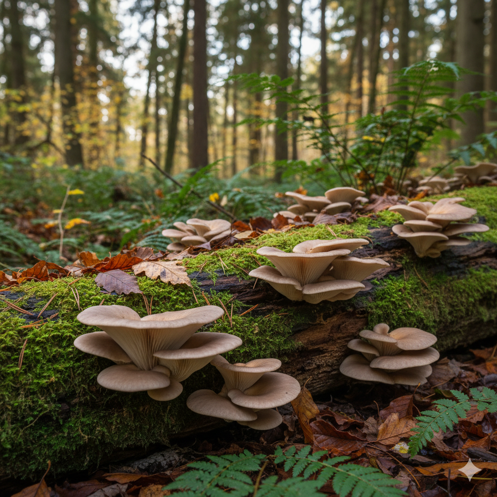 Oyster mushrooms (Pleurotus ostreatus) growing in their natural habitat on hardwood.