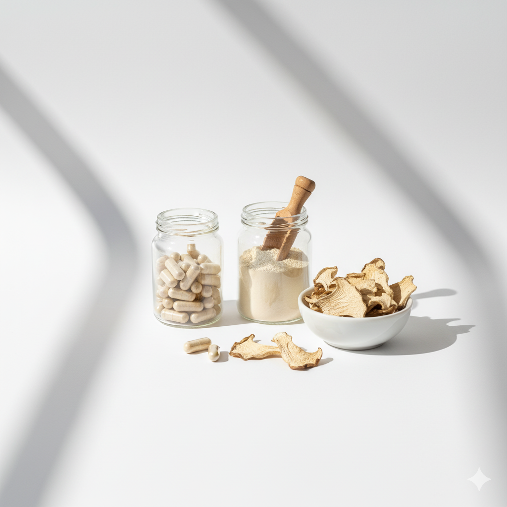 Functional mushroom capsules and powder made from Pleurotus pulmonarius on a clean background.
