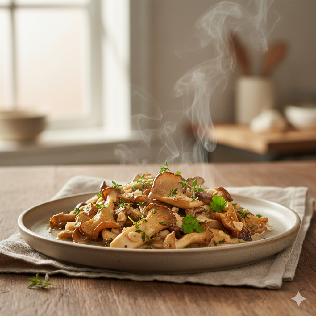 Sautéed Phoenix oyster mushrooms with herbs—golden edges and tender texture.