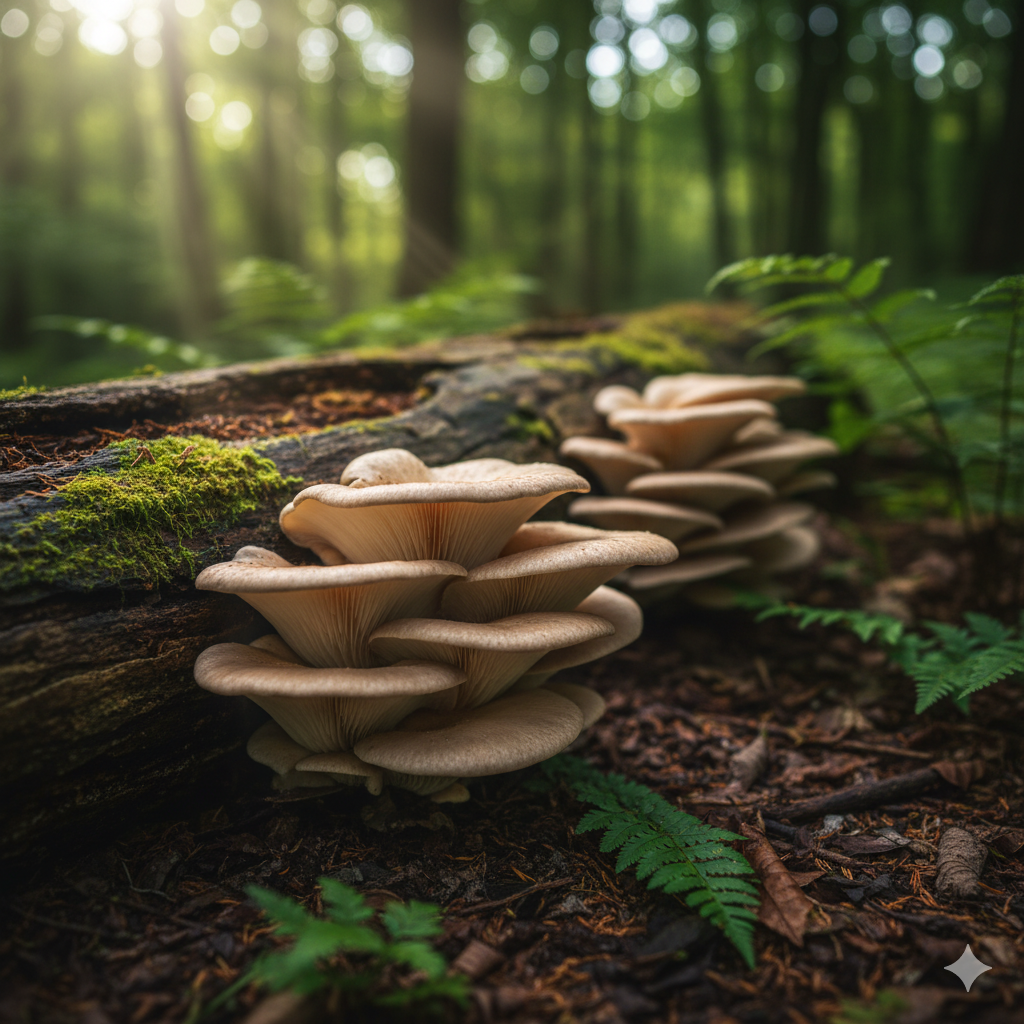 Phoenix oyster (Pleurotus pulmonarius) fruiting on a summer log—delicate oyster caps in warm weather.