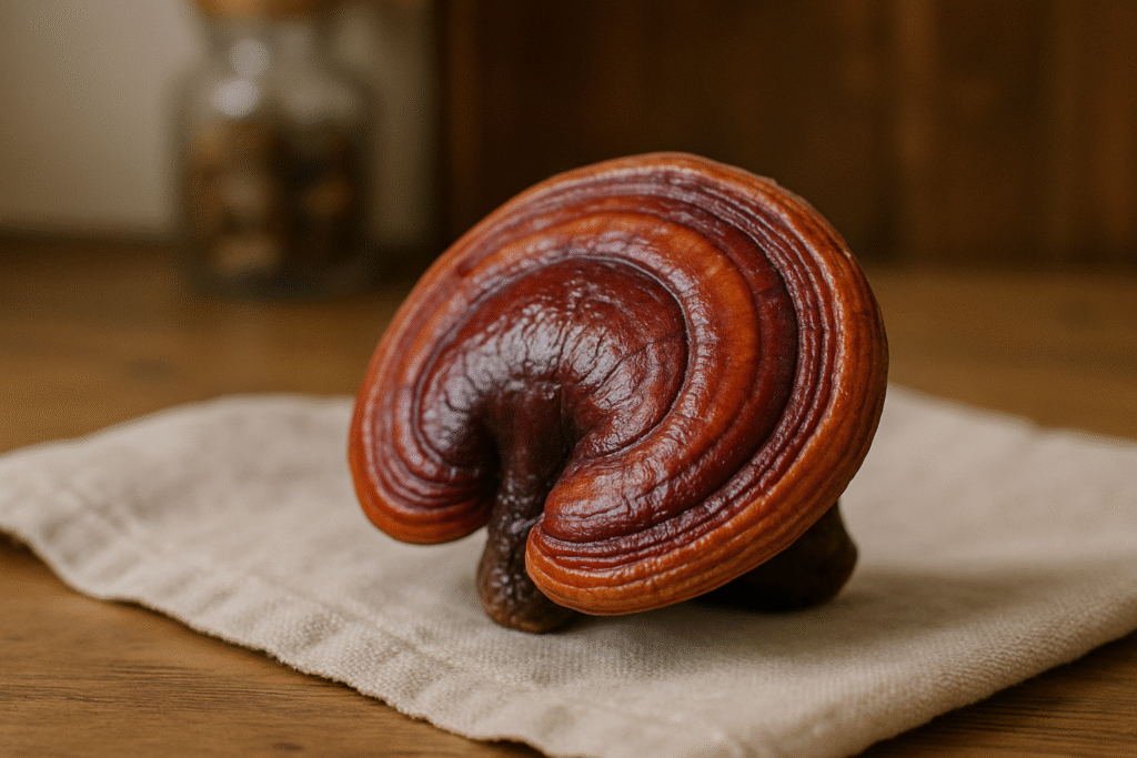 Close-up of Reishi mushroom cap showing shiny laccate surface