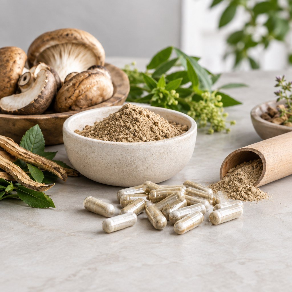 Capsules and mushroom powder arranged in a neutral still life for a capsule comparison article.