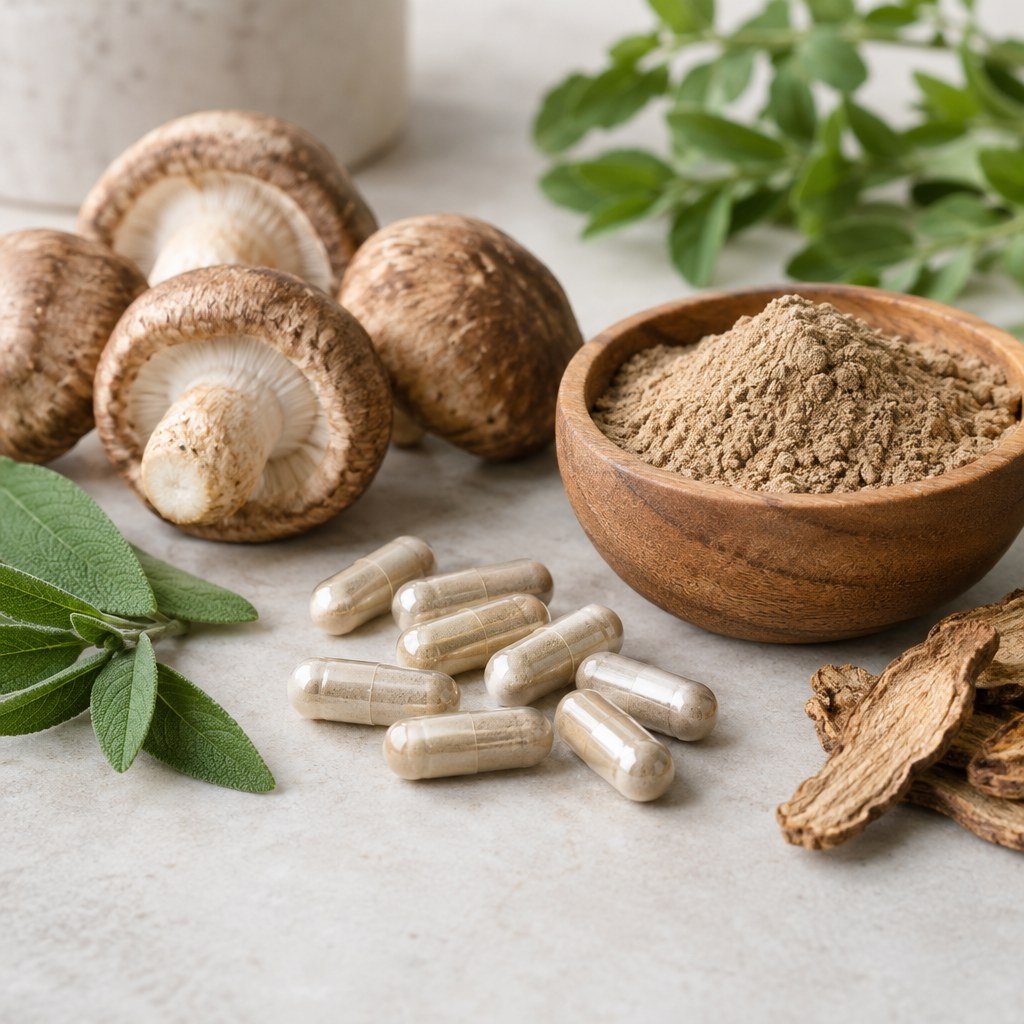 Clear capsules beside mushroom powder and botanical ingredients.