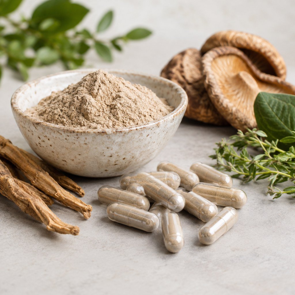 Unbranded capsule shells and mushroom powder on a clean tabletop.